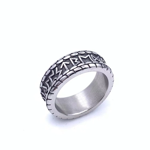 Retro Viking Rune Stainless Steel Ring For Men Vintage Nordic Mythology Band Jewelry Distressed Style Polished Finger Ring