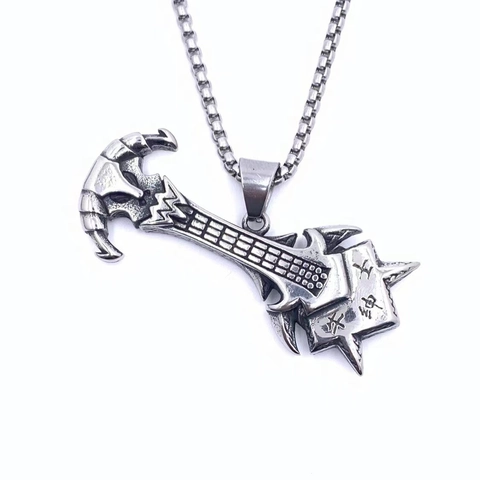 Vintage Titanium Steel Guitar Pendant Necklace Punk Rock Gothic Skull Bull Head Jewelry For Men With Box Chain Necklace Jewelry
