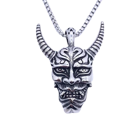 Stainless Steel Hannya Mask Pendant Necklace Retro Gothic Punk Hip Hop Distressed Demon Ghost Face Pendant Men Fashion Jewelry