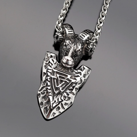 Viking Goat Head Pendant Necklace For Men Stainless Steel Valknut Rune Compass Arrowhead Retro Nordic Punk Pirate Jewelry Gift