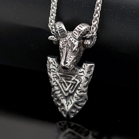 Viking Goat Head Pendant Necklace For Men Stainless Steel Valknut Rune Compass Arrowhead Retro Nordic Punk Pirate Jewelry Gift