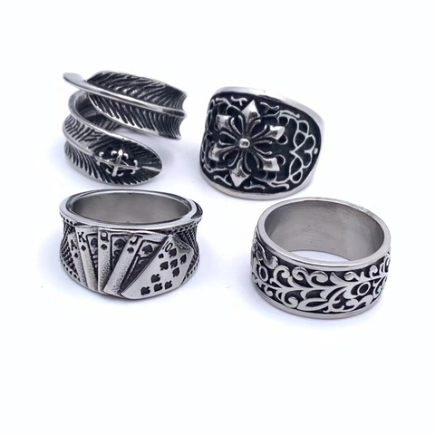 Vintage Stainless Steel Ring For Men Hip Hop Gothic Poker Feather Star Vine Band Ring Retro Silver Fashion Men Jewelry