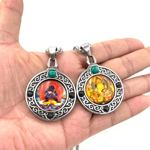 Collar de Colgante Religioso Thangka de Acero Inoxidable Vintage Medallón de Imagen de Dios Étnico con Acentos de Turquesa