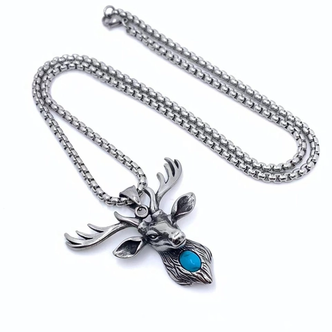 Vintage Titanium Steel Deer Head Pendant Necklace For Men Women Hip Hop Animal Antler Rhinestone Inlaid Box Chain Jewelry
