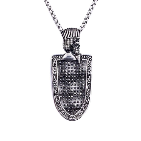 Men Vintage Stainless Steel Warrior King Shield Pendant Necklace Inlaid Black Zirconia Retro Hip Hop Punk Jewelry Gift