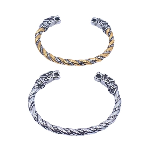 Men Stainless Steel Viking Wolf Head Open Bangle Vintage Twisted Rope Dragon Animal Bracelet Antique Steel Gold Jewelry