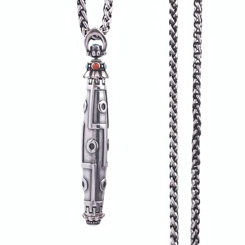 Vintage Stainless Steel Nine-Eyed Dzi Bead Pendant Necklace For Men Women Retro Ethnic Style Rhinestone Inlaid Cylindrical Necklace Jewelry Gift