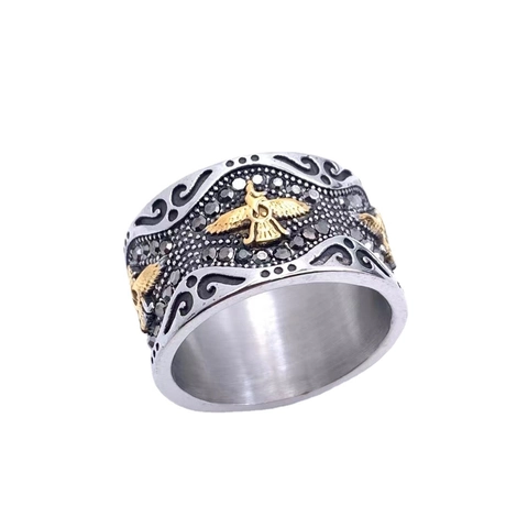 Vintage Punk Stainless Steel Eagle Relief Ring For Men Gold Silver Two Tone Rhinestone Inlaid Gothic Biker Finger Jewelry