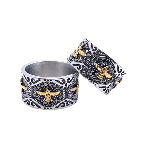 Vintage Punk Stainless Steel Eagle Relief Ring For Men Gold Silver Two Tone Rhinestone Inlaid Gothic Biker Finger Jewelry