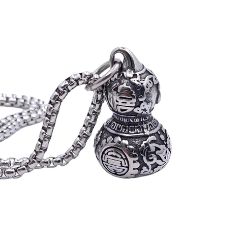 Collana Pendente Zucca Wu Lou in Acciaio Inossidabile Vintage Caratteri Portafortuna Intagliati Gioielli Etnici per Uomo Donna