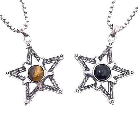 Collana con Ciondolo a Pentagramma in Acciaio al Titanio Retrò Con Pietra Occhio di Tigre Nera Rune Gotiche Gioielli Mistici da Uomo Donna