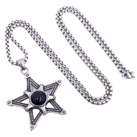 Collana con Ciondolo a Pentagramma in Acciaio al Titanio Retrò Con Pietra Occhio di Tigre Nera Rune Gotiche Gioielli Mistici da Uomo Donna