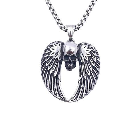 Collana con Pendente ad Ali di Teschio in Acciaio al Titanio Argento Retrò per Uomo Punk Gotico Scheletro Ala di Piuma Hip Hop Gioielli