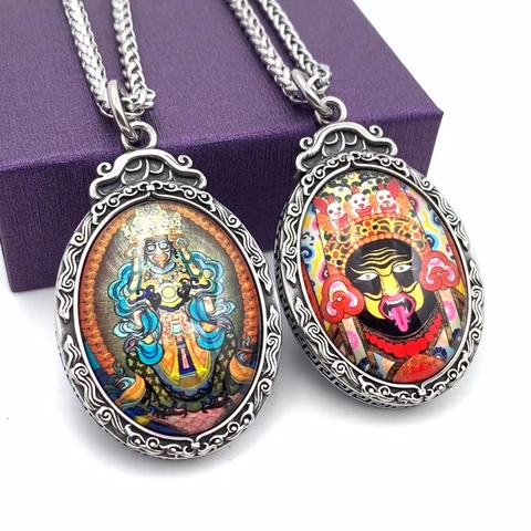 Vintage Stainless Steel Thangka Pendant Necklace Ethnic Tibetan Buddhist Oval God Of Wealth Figure Long Chain Jewelry
