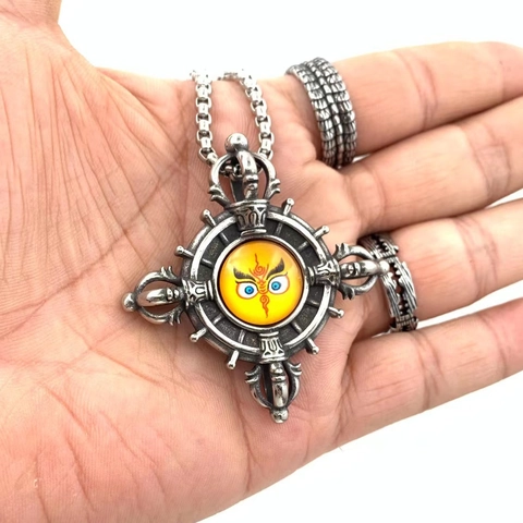 Collar con Colgante de Cruz Vajra de Acero de Titanio Retro para Hombre Ojos de Buda Acabado Antiguo Joyería Religiosa