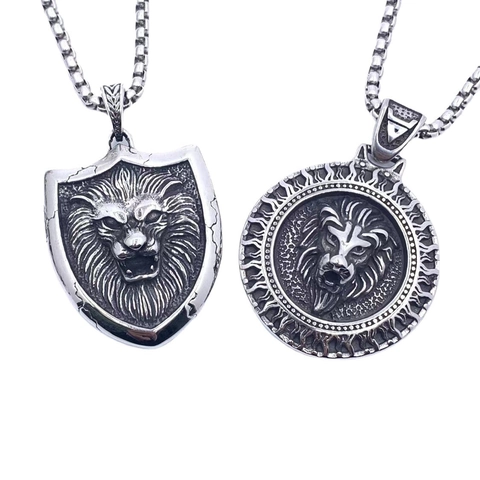 Vintage Titanstahl Löwenkönig Anhänger Halskette Für Herren Hip Hop Punk Löwenkopf Schild Medaille Retro Pullover Kette Schmuck