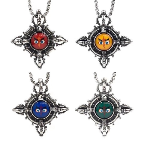Collar con Colgante de Cruz Vajra de Acero de Titanio Retro para Hombre Ojos de Buda Acabado Antiguo Joyería Religiosa