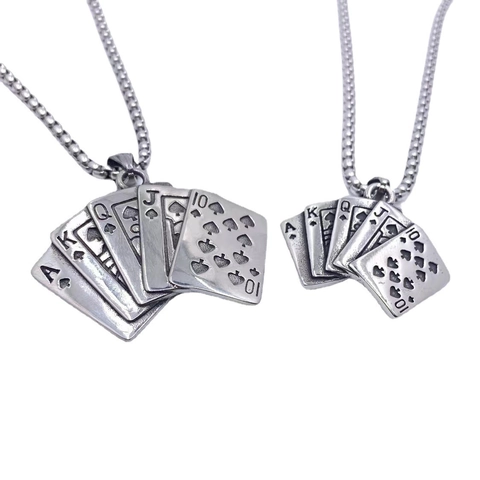 Vintage Titanium Steel Royal Flush Poker Card Necklace Retro Antique Silver Spades Pendant For Men Women Hip Hop Jewelry
