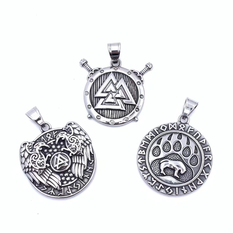 Viking Pendant Necklace Stainless Steel Nordic Mythology Raven Wolf Head Mjolnir Vintage Punk Jewelry For Men
