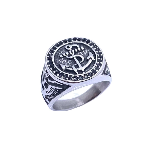 Anello Sigillo Nautico Vintage in Acciaio Inossidabile per Uomo Stile Punk Con Strass Neri Gioielli in Argento Antico