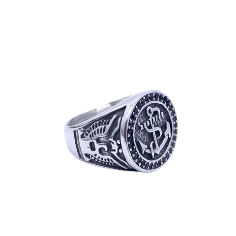 Anello Sigillo Nautico Vintage in Acciaio Inossidabile per Uomo Stile Punk Con Strass Neri Gioielli in Argento Antico
