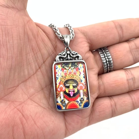 Collar con Colgante de Thangka de Acero Inoxidable Vintage para Mujer Estilo Étnico Zorro de Nueve Colas Tara Verde Joyería