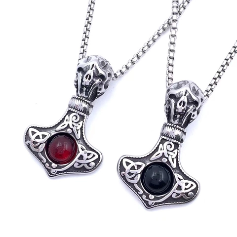 Vikingo Martillo de Thor Mjolnir Collar con Colgante Acero Inoxidable Calavera Piedra Roja Negra Nudo Celta Punk Vintage Hombre