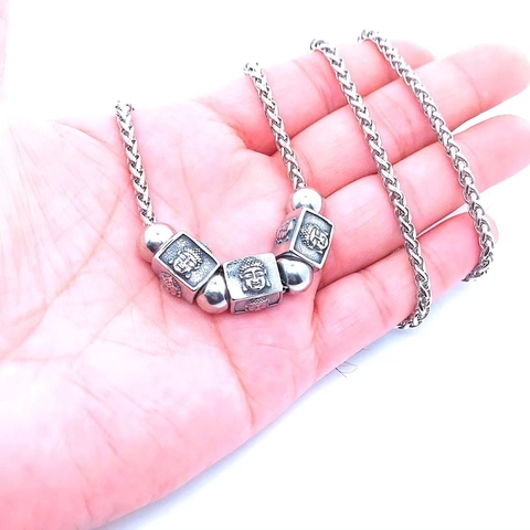 Vintage Stainless Steel Buddha Head Relief Pendant Necklace Men Women Hip Hop Religious Ethnic Woven Wheat Chain Jewelry