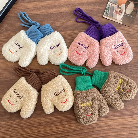 Σετ Γάντια και Κασκόλ από Ζεστό Πολικό Fleece για Μωρά Με Κέντημα Χαμογελαστό Πρόσωπο Κρεμαστά Γάντια Λαιμού για Παιδιά