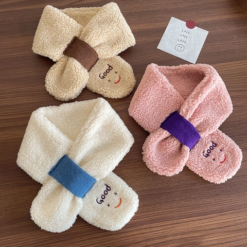 Σετ Γάντια και Κασκόλ από Ζεστό Πολικό Fleece για Μωρά Με Κέντημα Χαμογελαστό Πρόσωπο Κρεμαστά Γάντια Λαιμού για Παιδιά