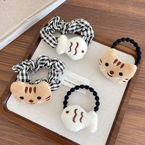 Simpatico Elastico per Capelli in Peluche a Forma di Gatto e Pesce Motivo Gingham Cerchietto 3D per Donna Ragazze Accessori