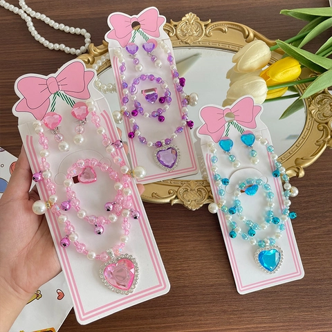 Little Girls Jewelry Set For Kids Heart Pendant Necklace Bracelet Ring Earrings Princess Party Gift Faux Artificial Pearl Beads