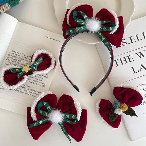 Mignon Noël Rouge Velours Nœud Barrettes Et Serre-Tête Pour Filles Enfants Avec Fausse Fourrure Flocon De Neige Étoile Pompon Accessoire De Cheveux Festif
