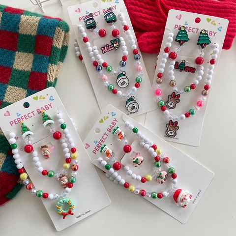 Kids Christmas Jewelry Collection Cartoon Santa Reindeer Snowman Gingerbread House Resin Beads Necklace Bracelet Ear Clip Ring Gift