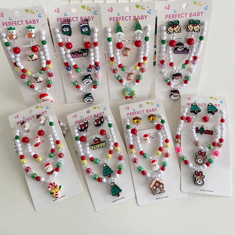 Kids Christmas Jewelry Collection Cartoon Santa Reindeer Snowman Gingerbread House Resin Beads Necklace Bracelet Ear Clip Ring Gift