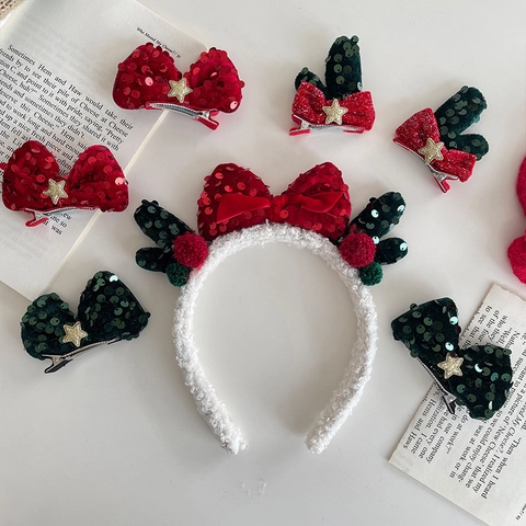 Pinzas para el Cabello con Lazo de Lentejuelas y Cuernos de Reno de Navidad para Niñas Accesorios para el Cabello con Estrellas Brillantes Diadema