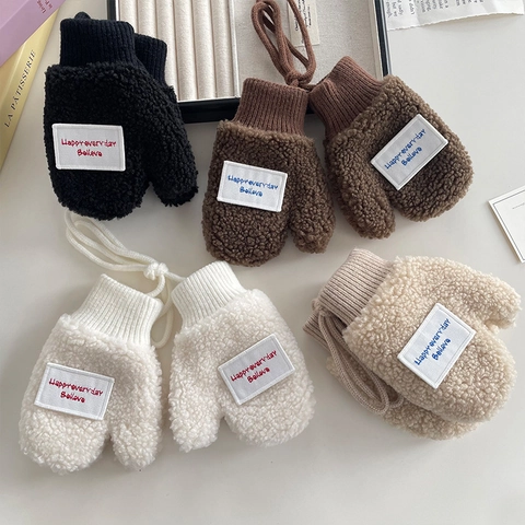 Kids Winter Warm Polar Fleece Mittens With Hanging Neck Rope Letter Label Thickened Toddler Gloves For Boys Girls