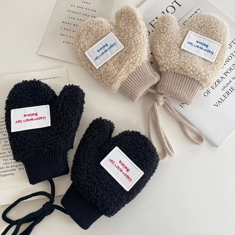 Kids Winter Warm Polar Fleece Mittens With Hanging Neck Rope Letter Label Thickened Toddler Gloves For Boys Girls