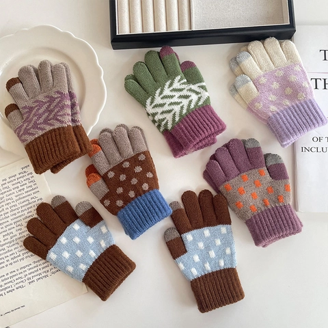 Children's Retro Knit Gloves Warm Winter Colorblock Toddler Boys Girls Five Finger Gloves Cute Polka Dot Pattern Fashionable