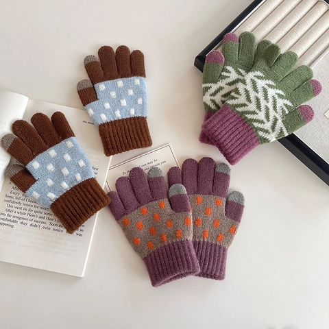 Children's Retro Knit Gloves Warm Winter Colorblock Toddler Boys Girls Five Finger Gloves Cute Polka Dot Pattern Fashionable