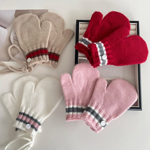 Korean Style Kids Knitted Mittens With Hanging Neck String Warm Winter Color Block Striped Mittens For Boys Girls 2-6 Years