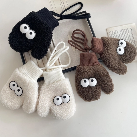 Kids Cartoon Big Eyes Polar Fleece Mittens Warm Winter Thick Plush Neck Strap Gloves For Toddlers Children Cute Hand Warmer