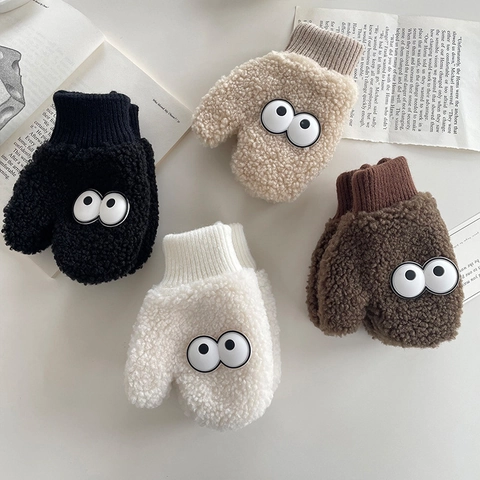 Kids Cartoon Big Eyes Polar Fleece Mittens Warm Winter Thick Plush Neck Strap Gloves For Toddlers Children Cute Hand Warmer
