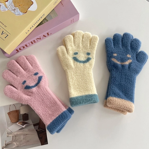 Schattige Lachend Gezicht Kinder Gebreide Volle Vinger Handschoenen Zacht Mohair Warme Winterhandschoenen Voor Jongens Meisjes Contrast Kleur Manchetten