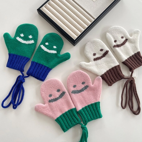 Mitones de Punto para Niños Guantes Térmicos de Invierno Cálidos con Cuerda de Cuello Cara Sonriente Parche de Oso Contraste