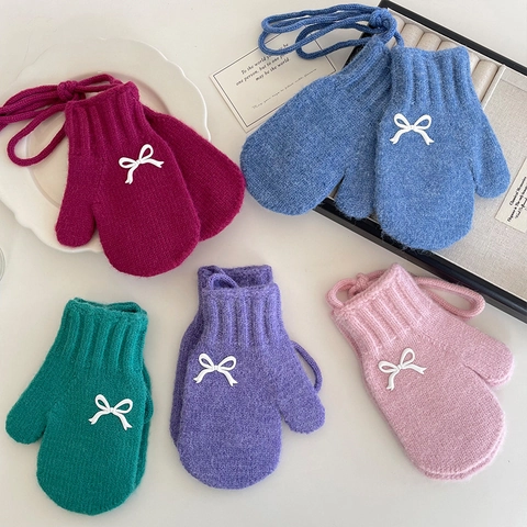 Kids Knitted Mittens With Neck Hanging String Bow Decor Warm Winter Gloves For Girls Sweet Outdoor Windproof Handwear