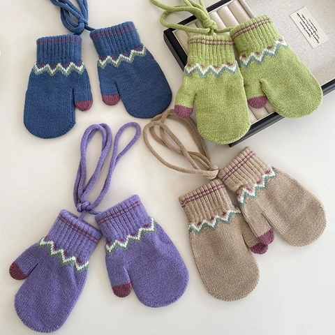 Korean Style Retro Winter Kids Warm Knitted Mittens Wave Jacquard Hanging Neck Anti-Lost Fleece Lined Thick Gloves