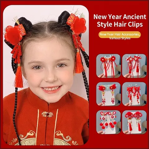 Pinzas para el Cabello de Estilo Chino Antiguo para Niños Tradicionales Rojas con Borla Mariposa Flor Peluche Lentejuelas Accesorios Hanfu