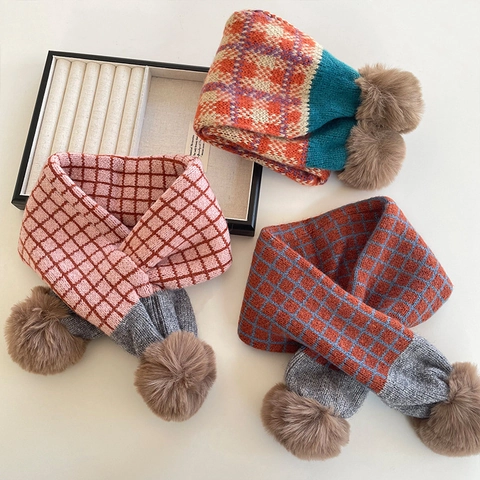 Bufanda de Punto a Cuadros para Niños Calentador de Cuello Cálido de Invierno Con Pompones para Niños Niñas Bebé Bufanda Plaid de Contraste