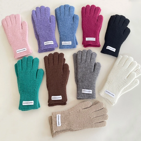 Kids Winter Cashmere Knit Gloves Solid Color Thickened Warm Full Finger Mittens With Quality Products Label For Boys Girls